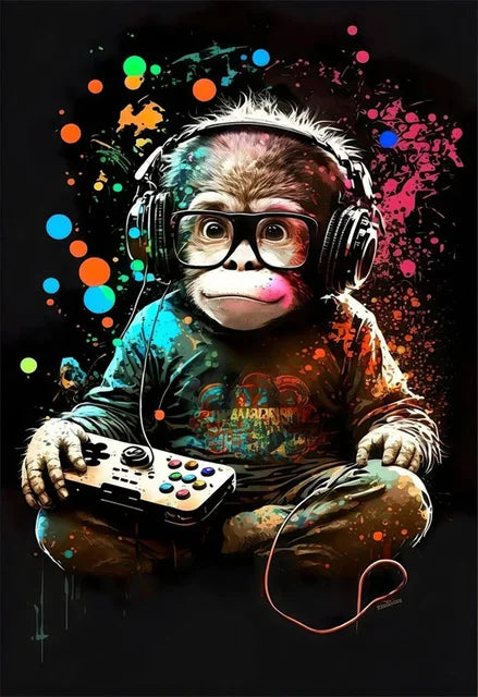 Illustration of a monkey wearing headphones and holding a game controller with colorful splashes in the background.