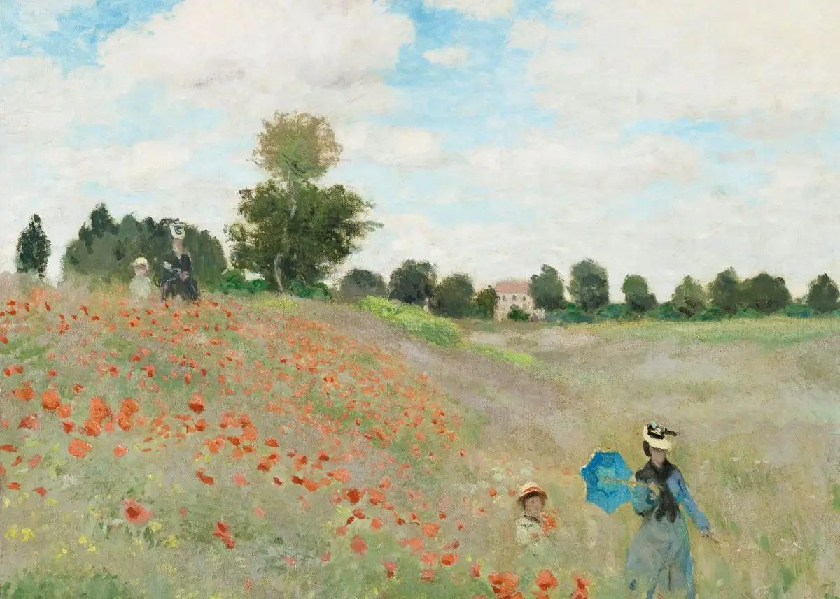 Painting of a woman with a child and dog in a field of poppies under a blue sky.