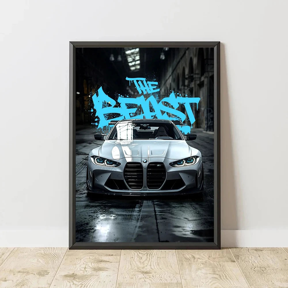 Framed poster of a BMW car with 'The Beast' text on a dark background