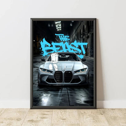 Framed poster of a BMW car with 'The Beast' text on a dark background