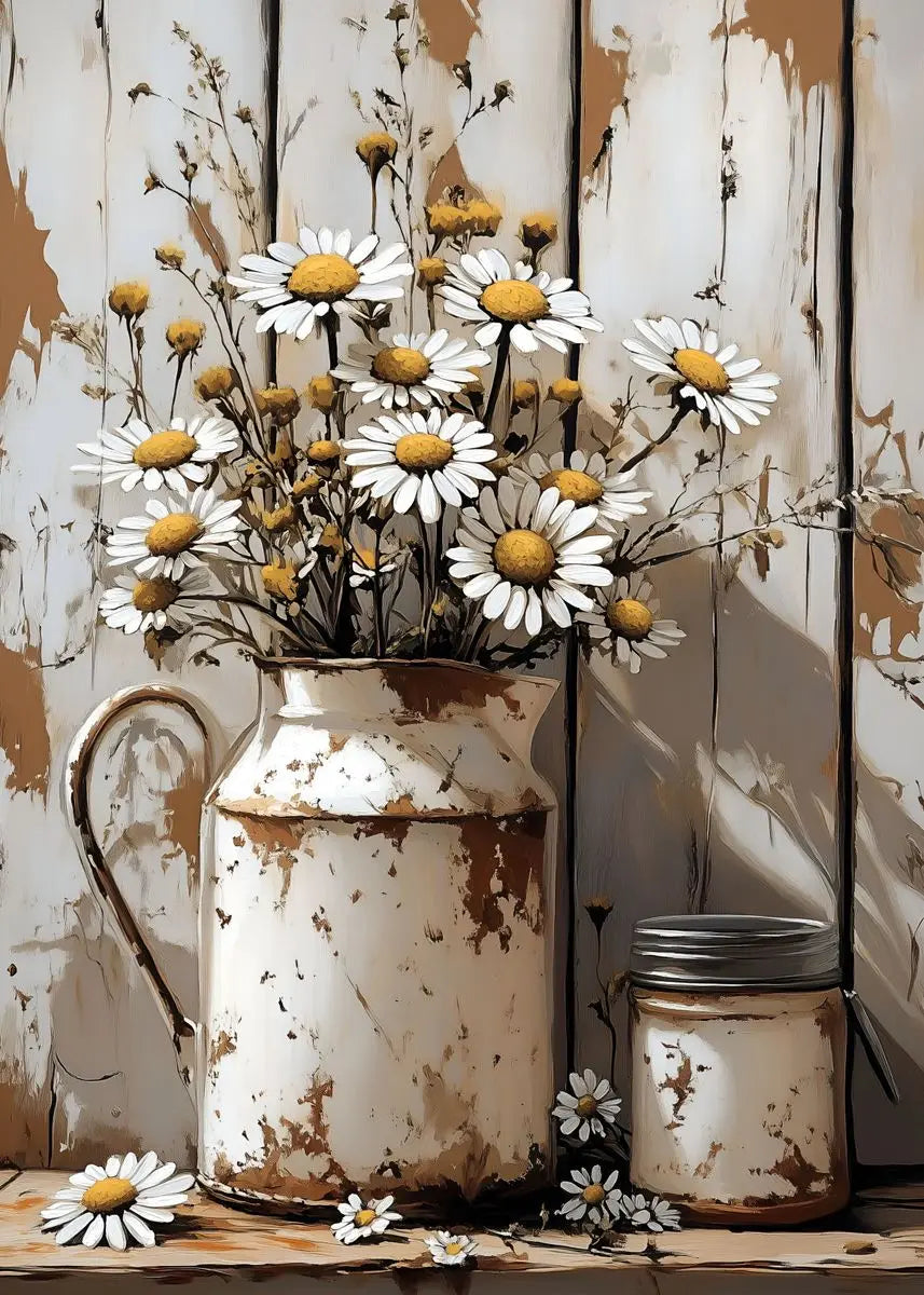 Rustic metal pitcher with daisies against a distressed wooden wall