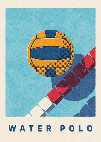 Illustration of a water polo ball and stick on a blue background with 'WATER POLO' text.