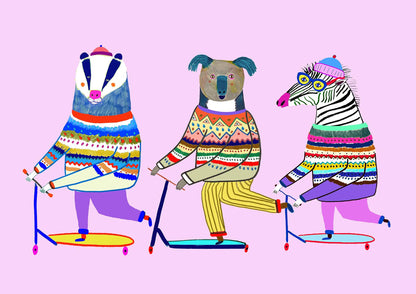 Three animals, a badger, a bear, and a zebra, riding scooters on a pink background.