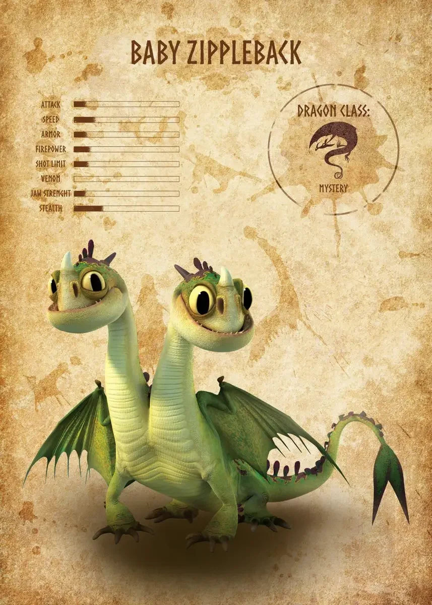 Illustration of a baby dragon with character stats on a vintage-style background