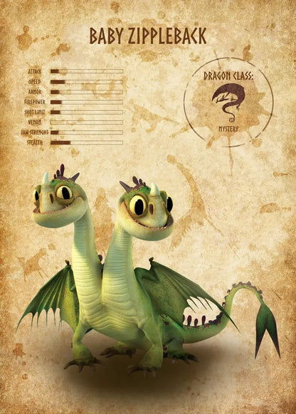 Illustration of a baby dragon with character stats on a vintage-style background