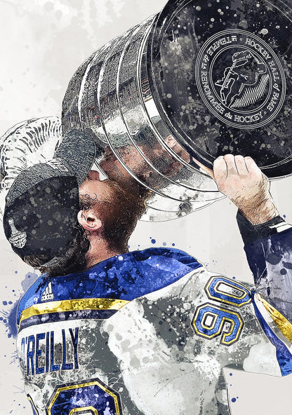 Hockey player holding a Stanley Cup with a stylized background