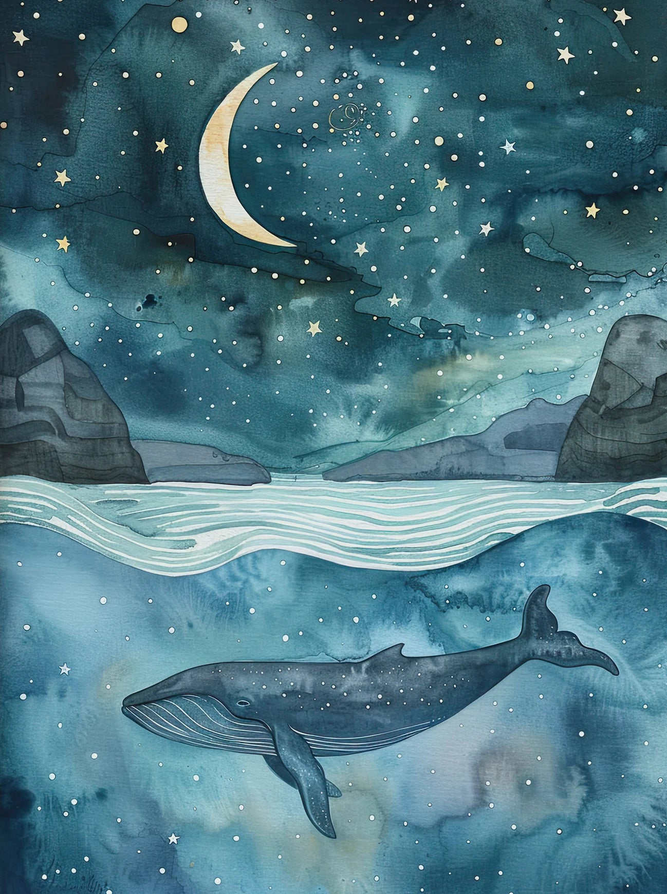 Whale swimming in water with a night sky and moon above