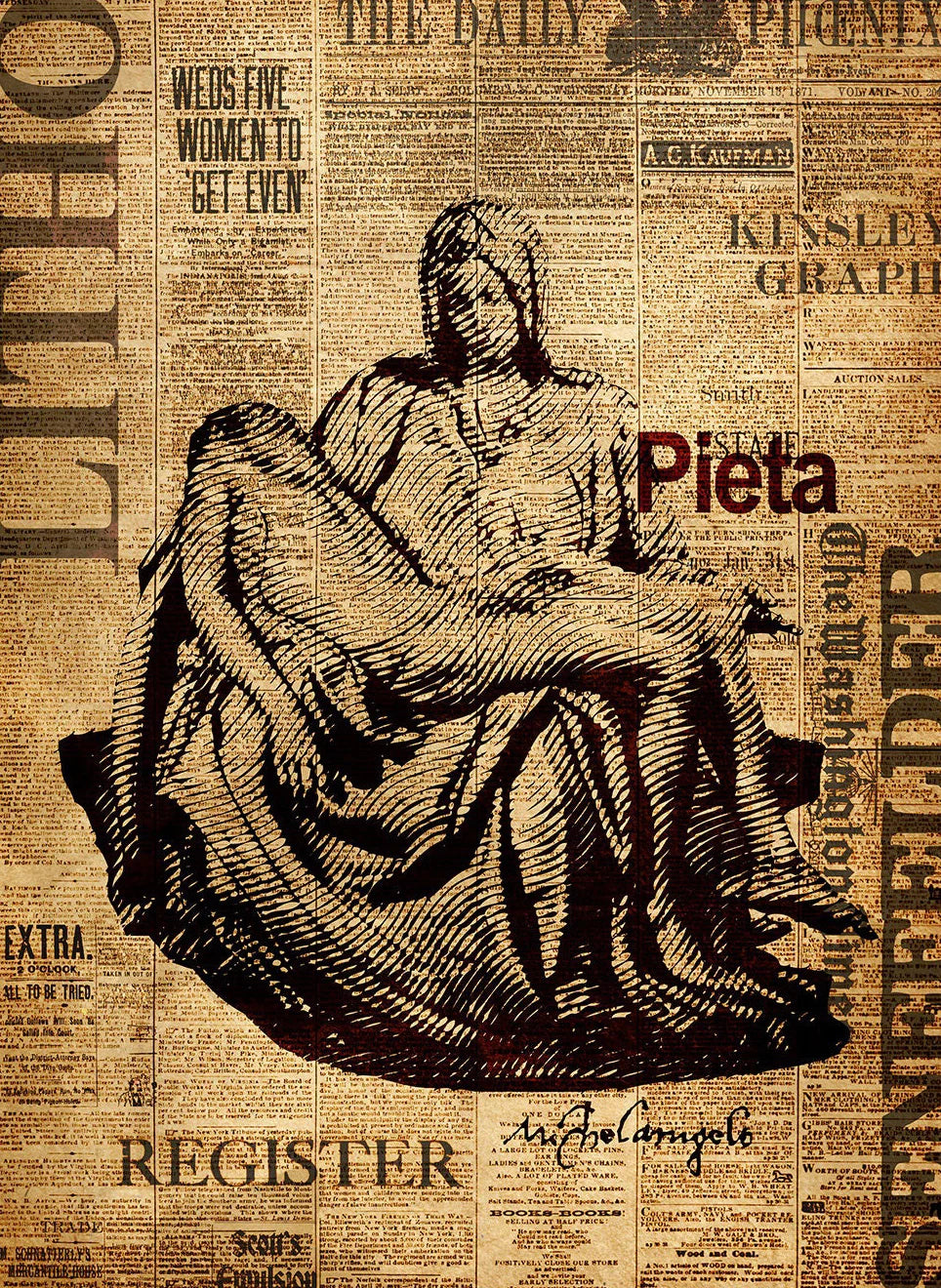 Stylized drawing of 'Pieta' on a newspaper background