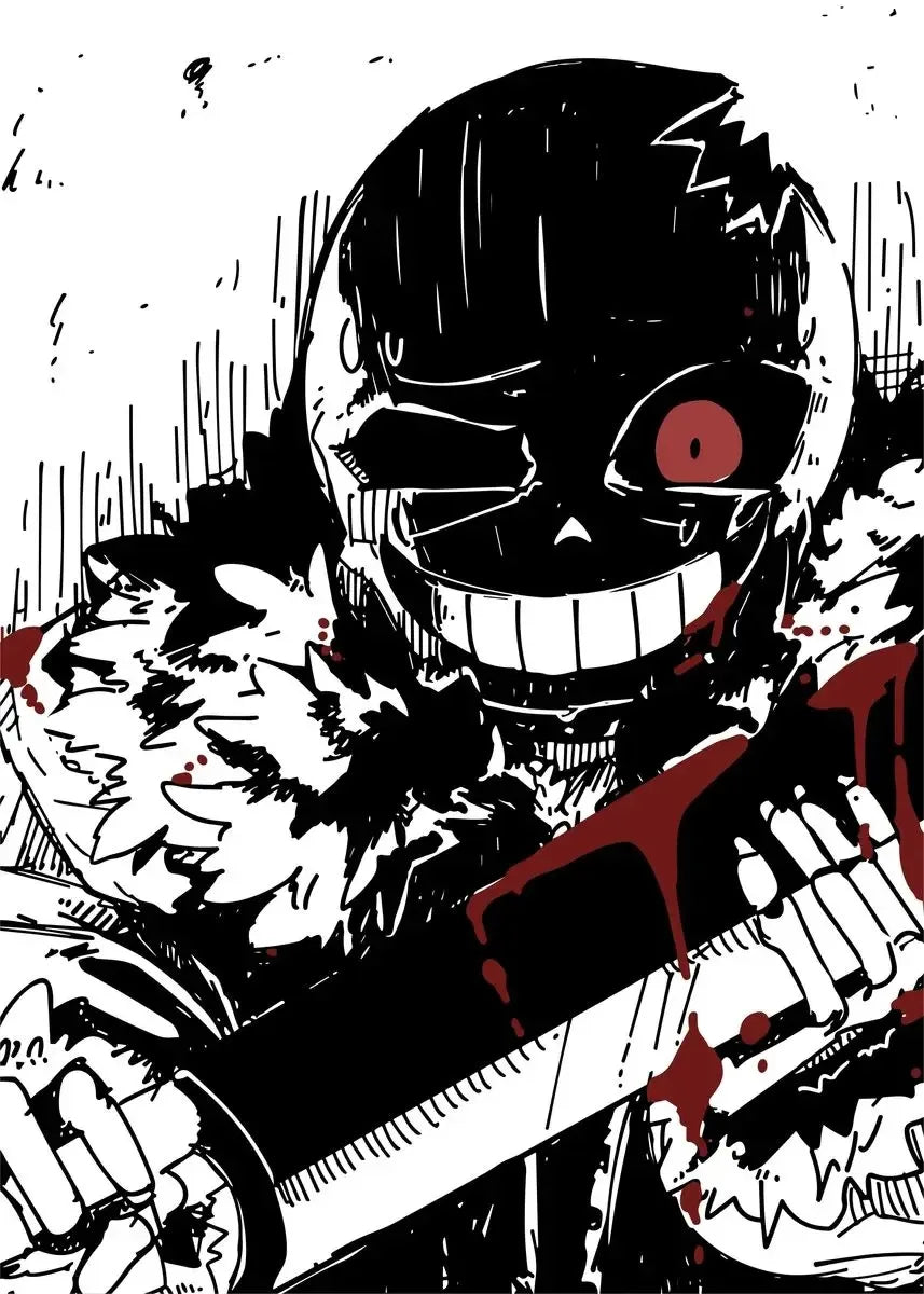 Black and white illustration of a character with a red eye and bloodstains on a white background