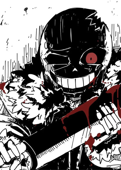 Black and white illustration of a character with a red eye and bloodstains on a white background