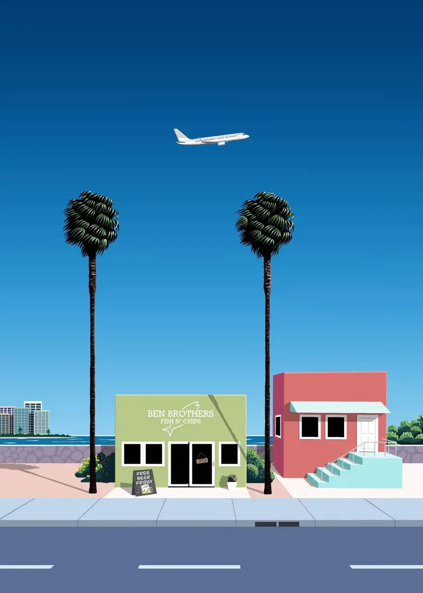 Illustration of a street with palm trees, buildings, and an airplane flying overhead.