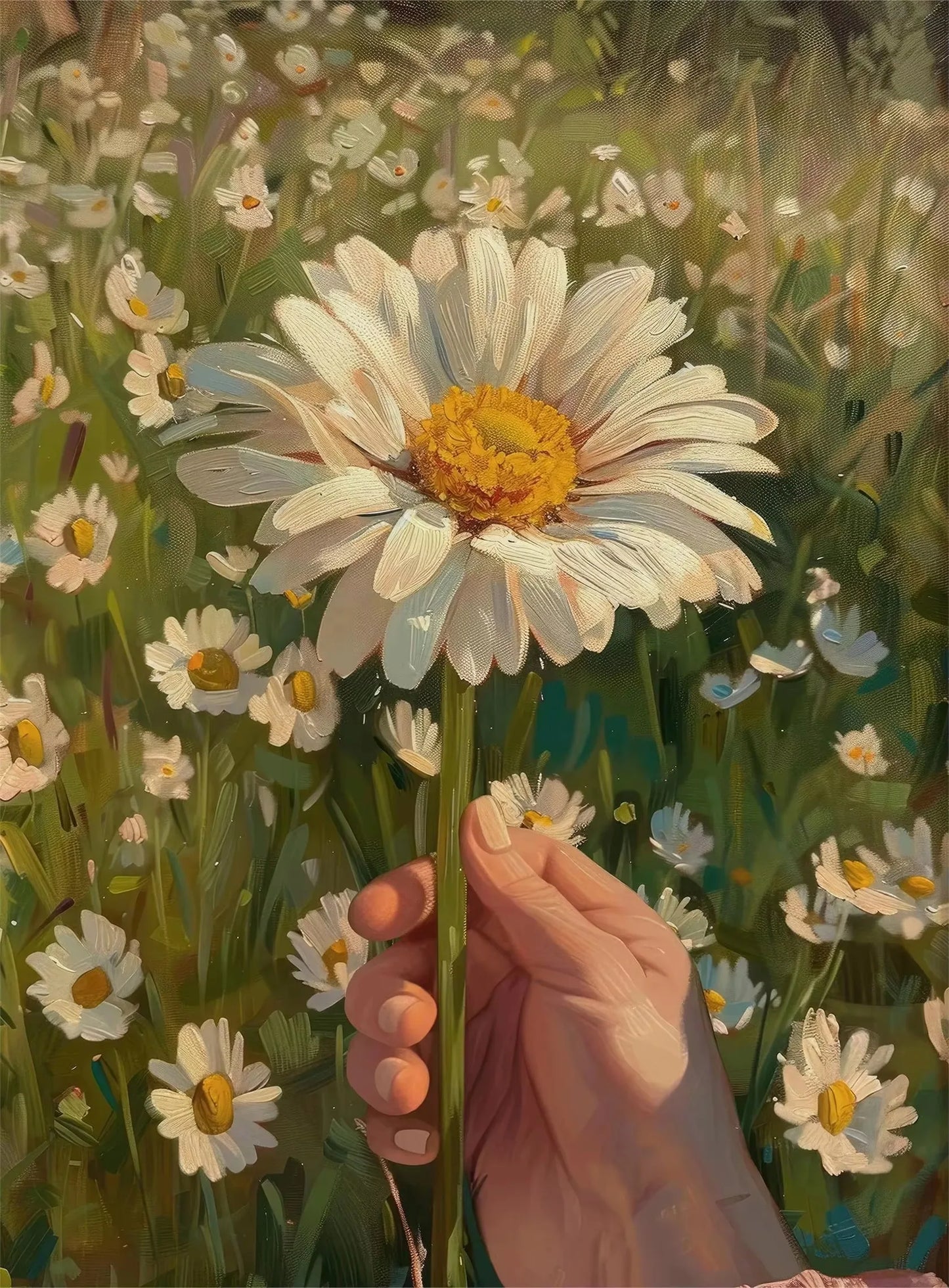 Hand holding a daisy flower with a field of daisies in the background