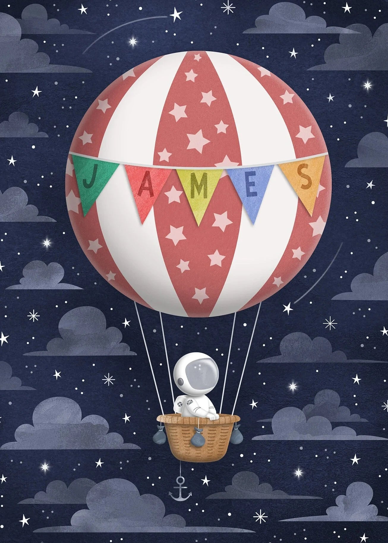 Illustration of a child in an astronaut suit floating in a hot air balloon with 'James' written on it against a starry night sky.