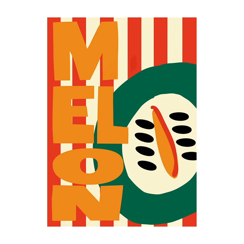 Colorful poster with 'MELON' text and a watermelon illustration on a striped background