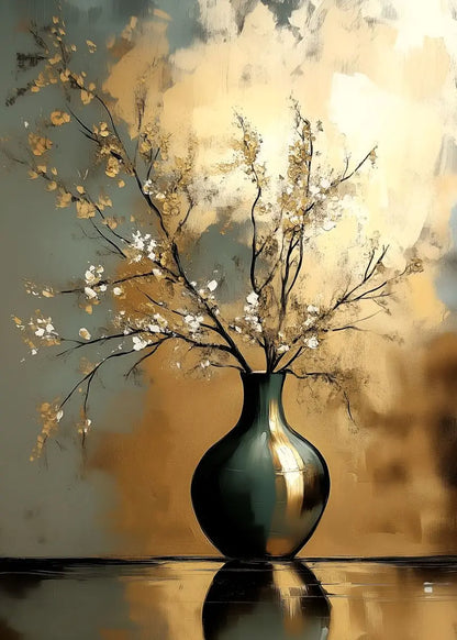Decorative vase with branches and flowers against a abstract background