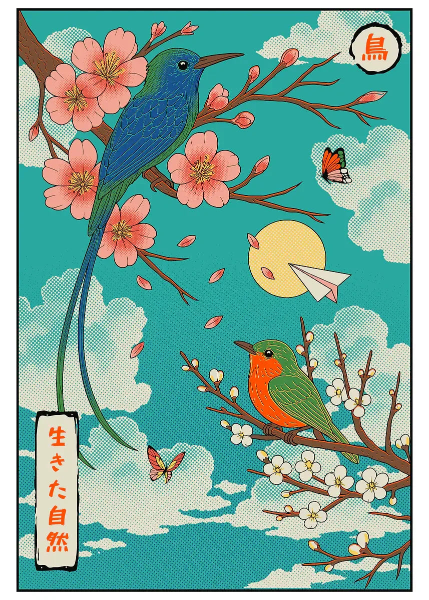 Illustration of two birds on branches with flowers and butterflies against a blue sky.