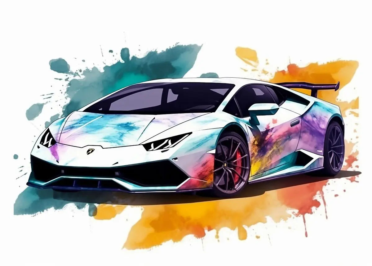 Colorful artistic depiction of a sports car on a white background with watercolor splashes.