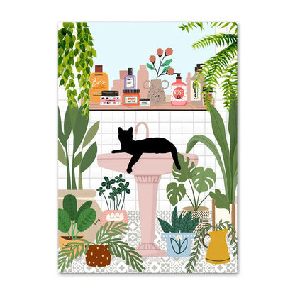 Illustration of a cat on a sink surrounded by plants and bathroom items.