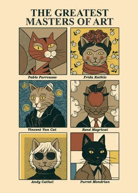 Illustrations of cats in the style of famous artists with text above.