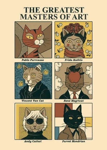 Illustrations of cats in the style of famous artists with text above.