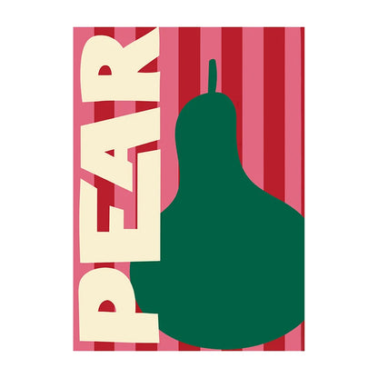 Green pear silhouette on a red and pink striped background with 'PEAR' text.