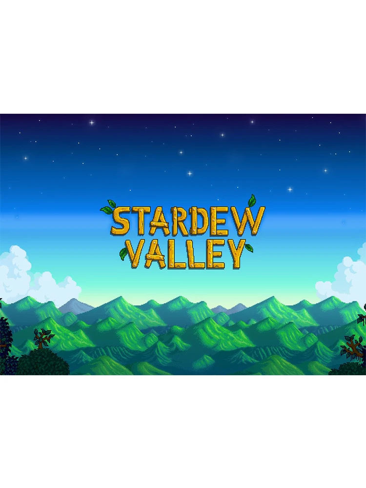 Stardew Valley logo with a mountainous landscape background