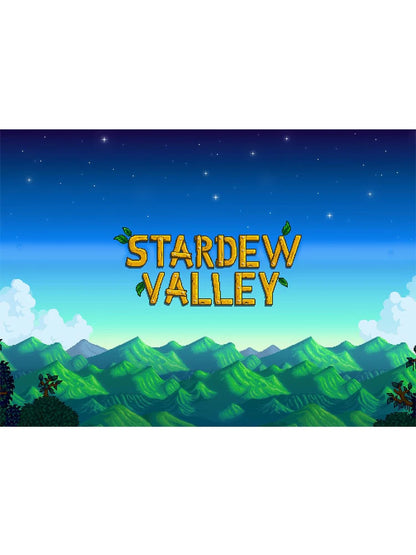 Stardew Valley logo with a mountainous landscape background