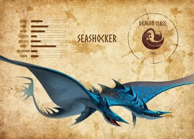 Illustration of a blue dragon labeled 'Seashocker' on a textured beige background.