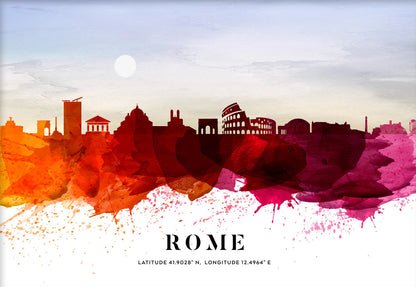 Colorful abstract skyline of Rome with the Colosseum and other landmarks.