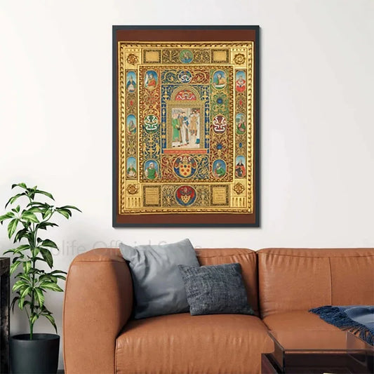 Decorative wall art above a brown sofa with gray cushions Canvas & Curio