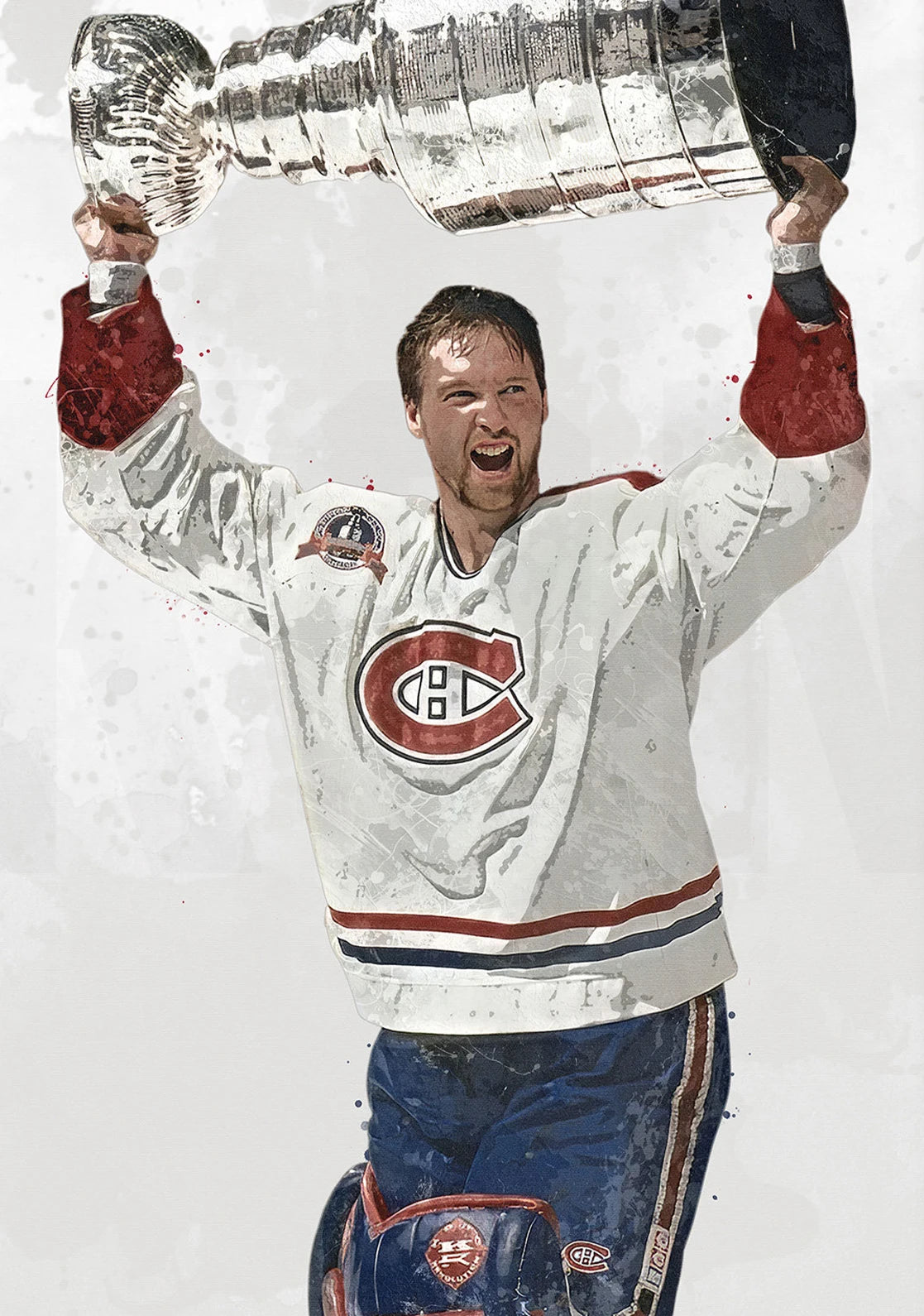 Hockey player holding the Stanley Cup against a white background