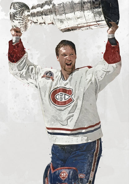 Hockey player holding the Stanley Cup against a white background