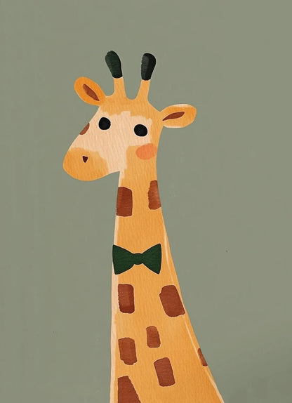 Illustration of a giraffe with a green bow tie on a solid background
