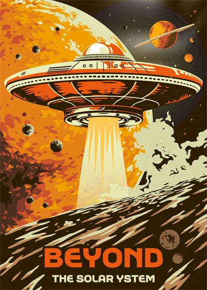 UFO flying over a planet with 'BEYOND THE SOLAR SYSTEM' text in a science fiction style.
