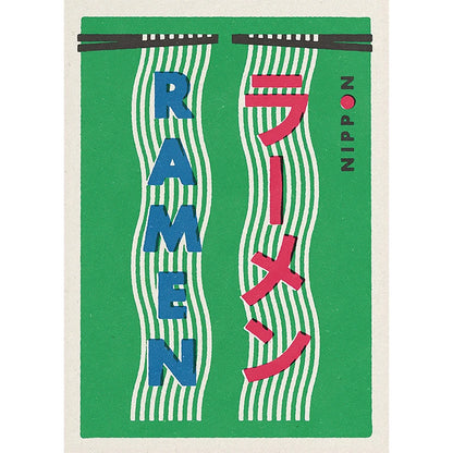 Ramen-themed product packaging with green background and text
