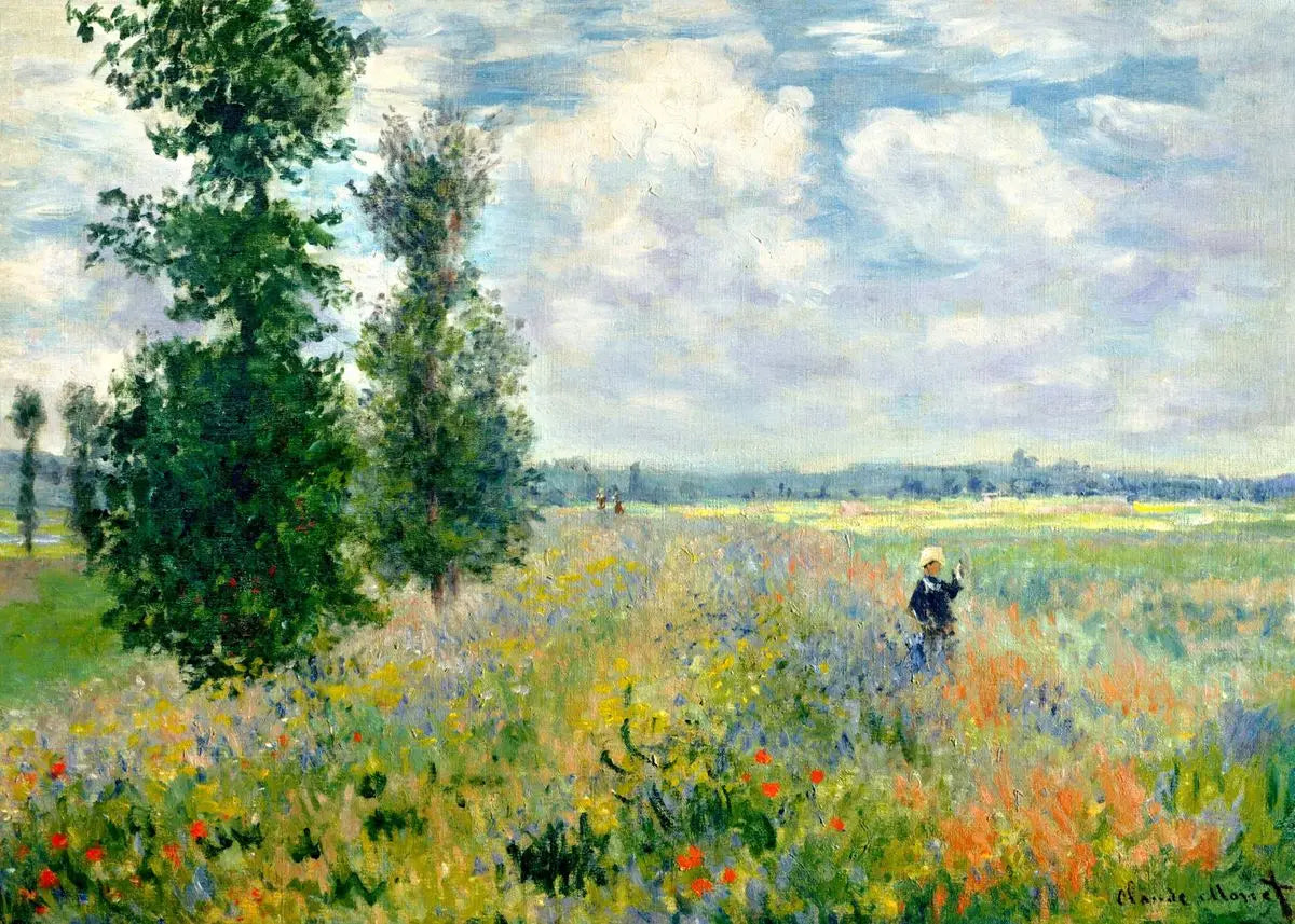 Painting of a landscape with a figure in a field of flowers and trees.