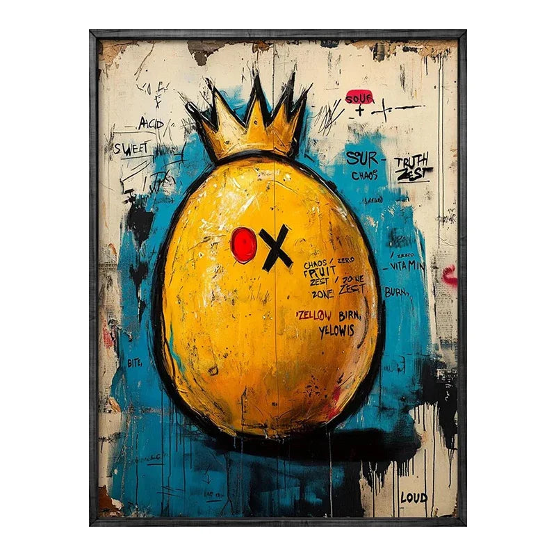 Abstract painting with a yellow circle and black crown on a textured background