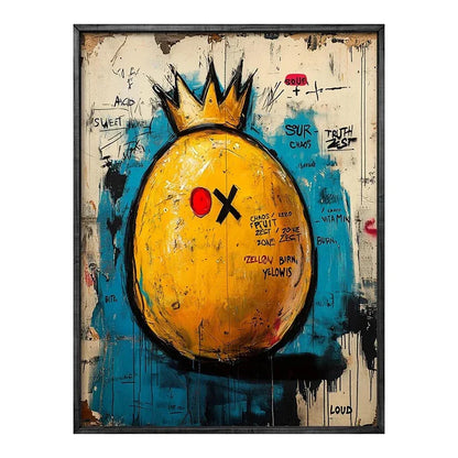 Abstract painting with a yellow circle and black crown on a textured background