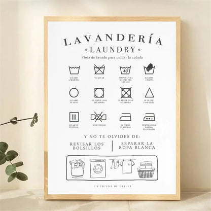 Framed laundry symbols chart on a beige wall with a plant on the left.