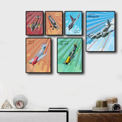 Set of six framed airplane posters on a wall with decorative items below.