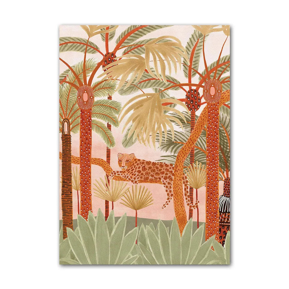 Illustration of a leopard in a jungle scene with trees and foliage.