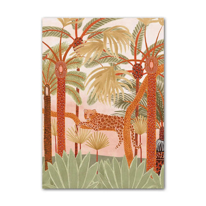 Illustration of a leopard in a jungle scene with trees and foliage.