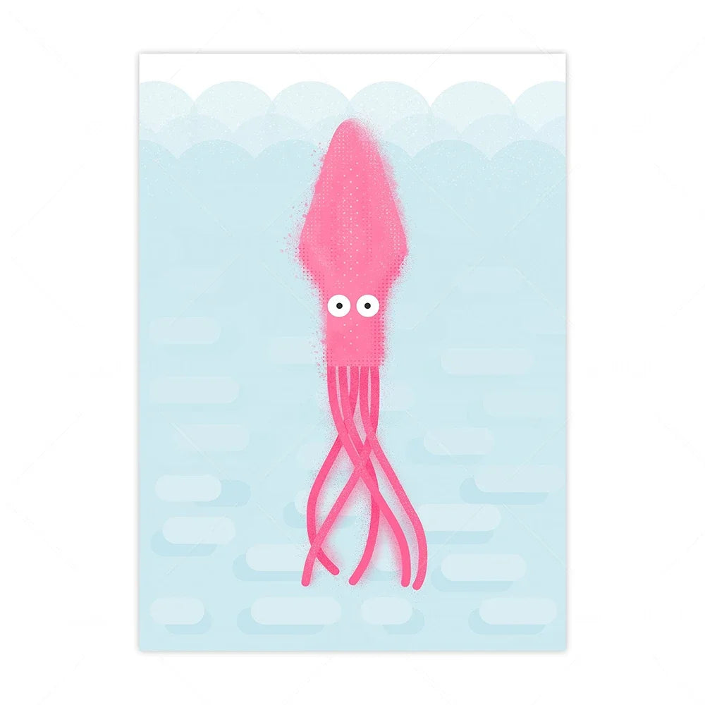 Pink cartoon squid on a light blue background