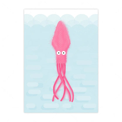 Pink cartoon squid on a light blue background