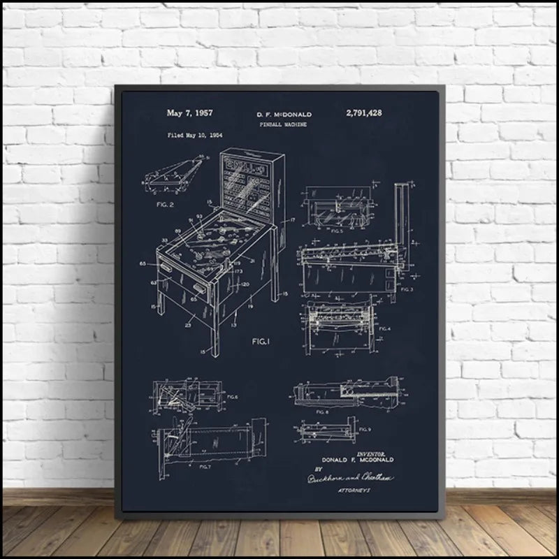 Pinball machine patent poster on a white brick wall