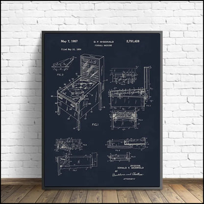 Pinball machine patent poster on a white brick wall