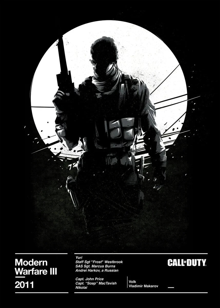 Black and white image of a soldier in tactical gear with a gun, set against a circular background.
