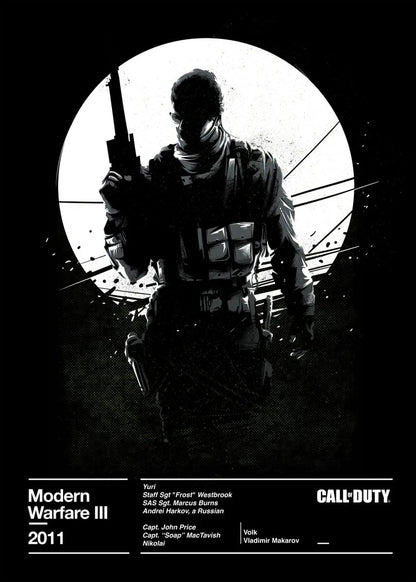Black and white image of a soldier in tactical gear with a gun, set against a circular background.
