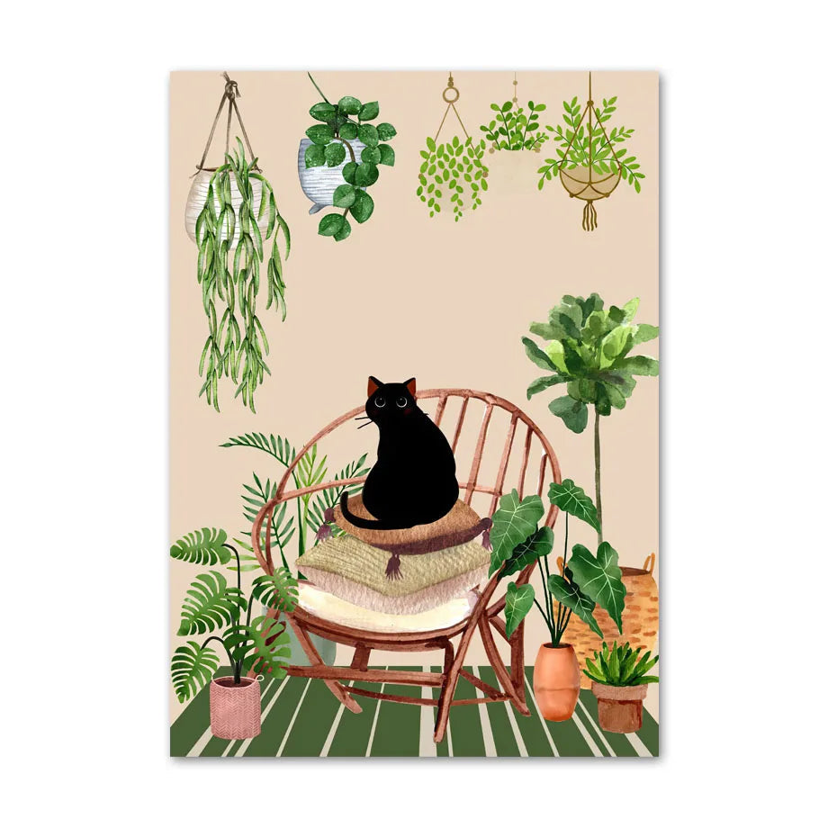 Poster with a black cat on a chair surrounded by potted plants