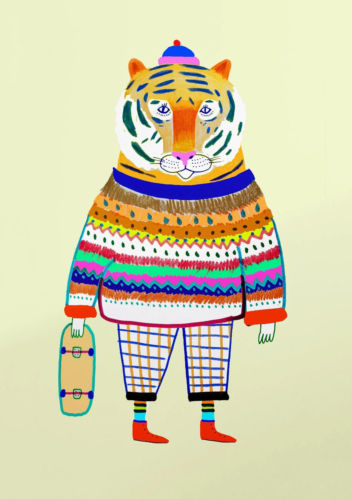 Colorful illustration of a tiger wearing a sweater and holding a skateboard on a beige background